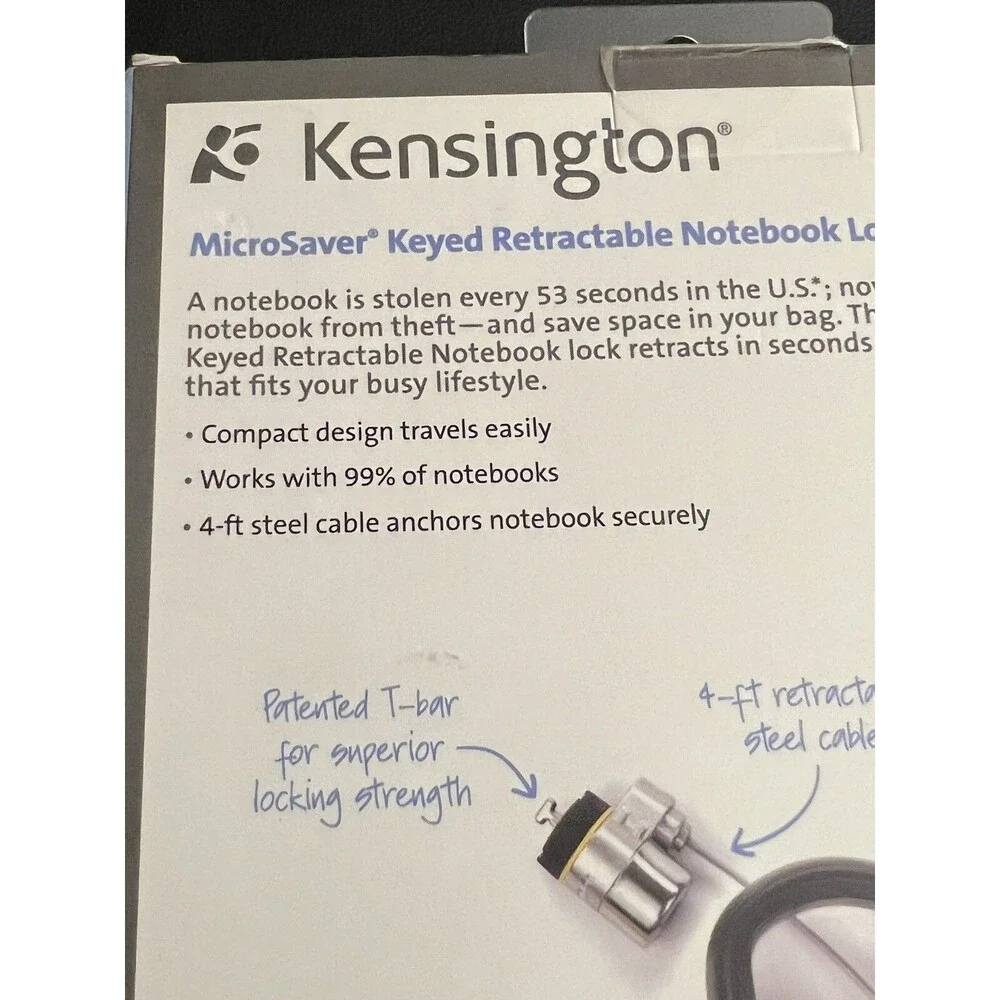 Kensington MicroSaver Keyed Laptop Notebook Lock 4ft Retractable Steel Cable New